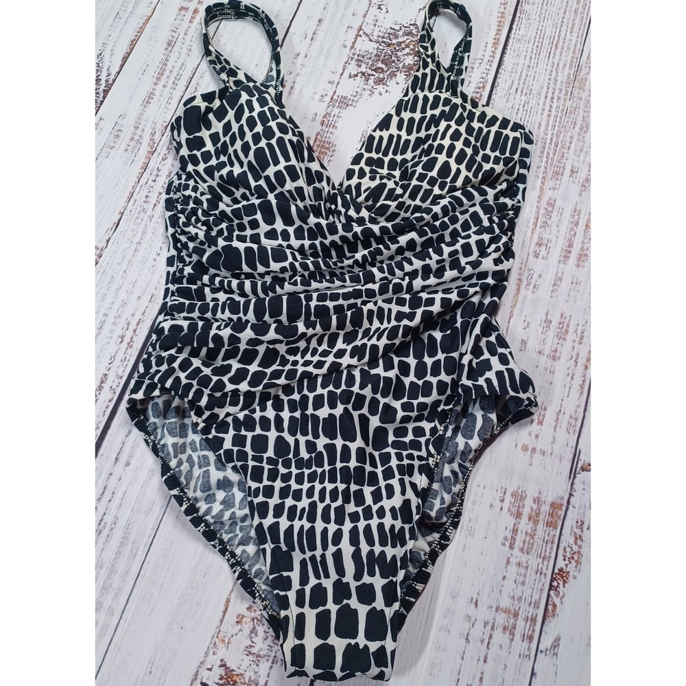Trimshaper One Piece Swimsuit Womens 10 Black White Excellent Ruched Shaping